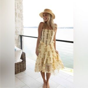 Free People Alejandra Yellow Floral Print Ruffle High Low Smocked Midi Dress